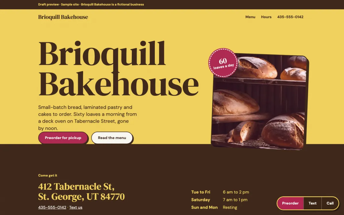 Brioquill Bakehouse sample site on desktop