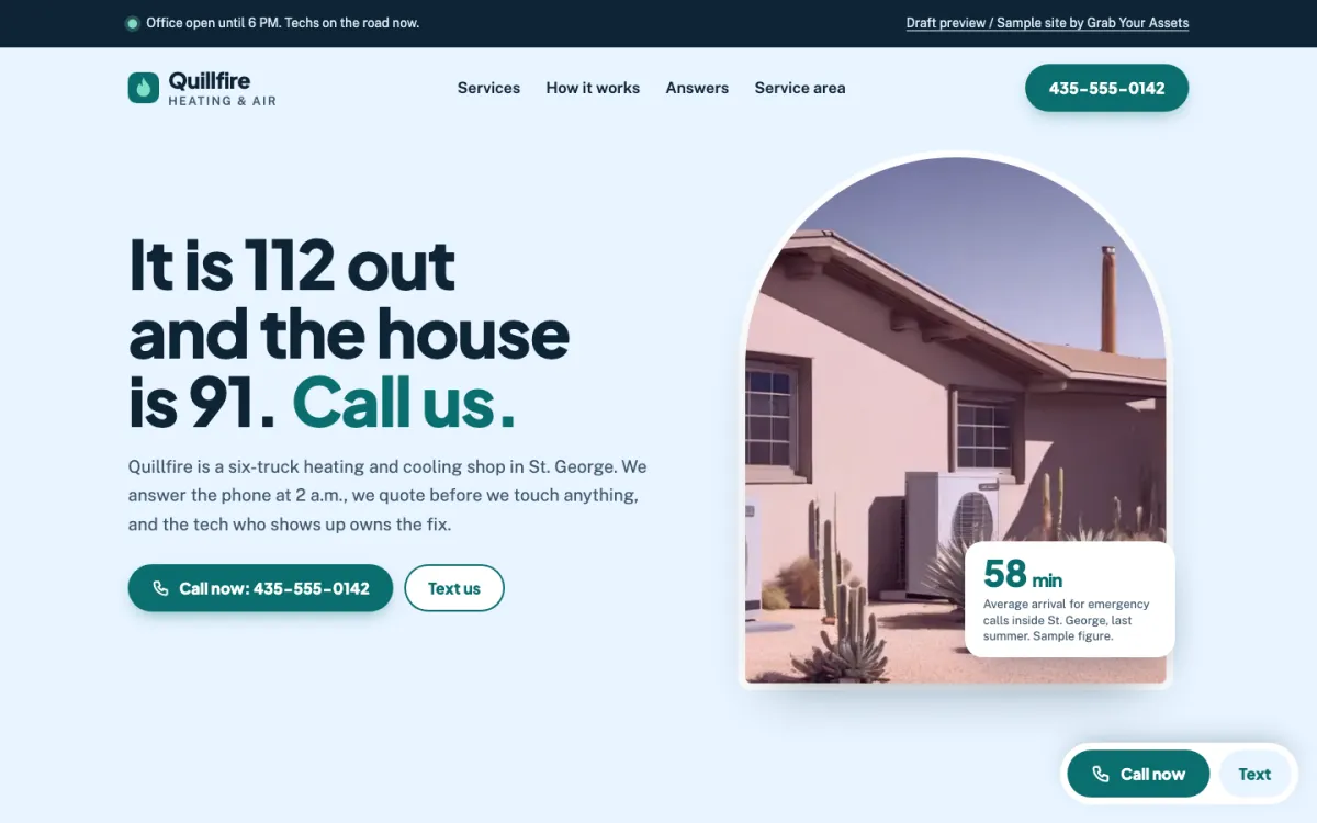 Quillfire Heating & Air sample site on desktop