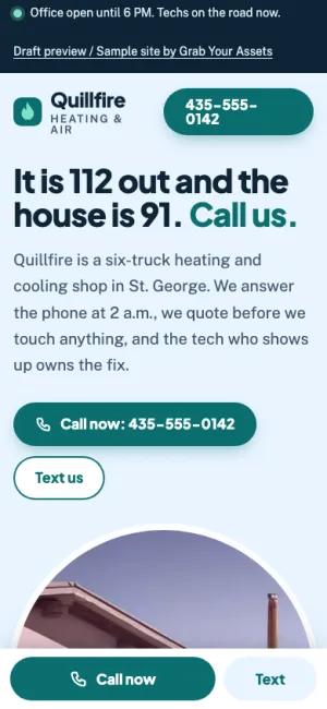 Quillfire Heating & Air sample site on a phone