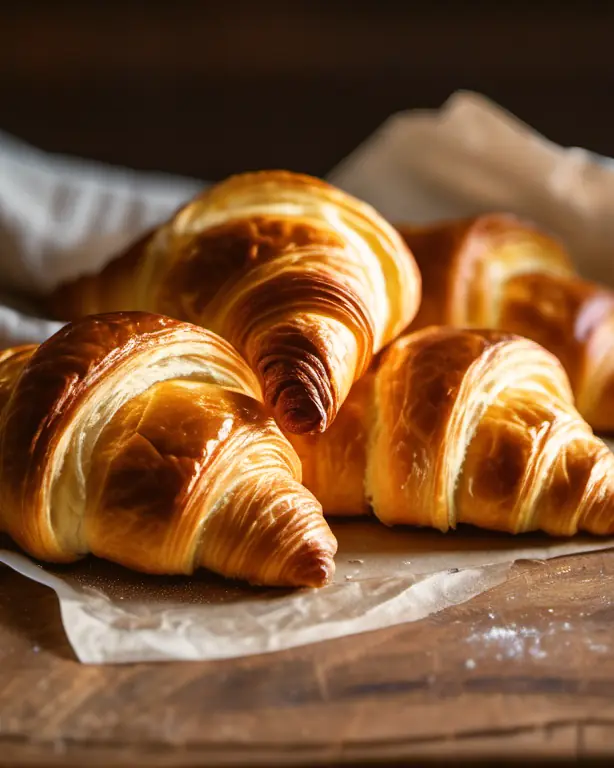 Golden butter croissants with flaky layers on parchment