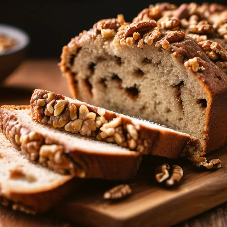 A sliced cinnamon walnut loaf showing the crumb, on a wooden board