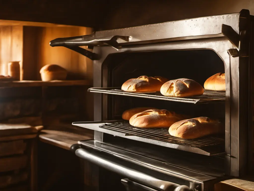The deck oven glowing warm with loaves baking inside