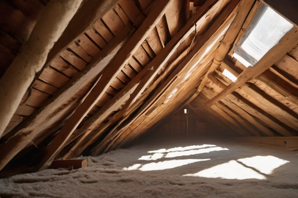 Insulated flexible duct running between wooden rafters in a dusty attic