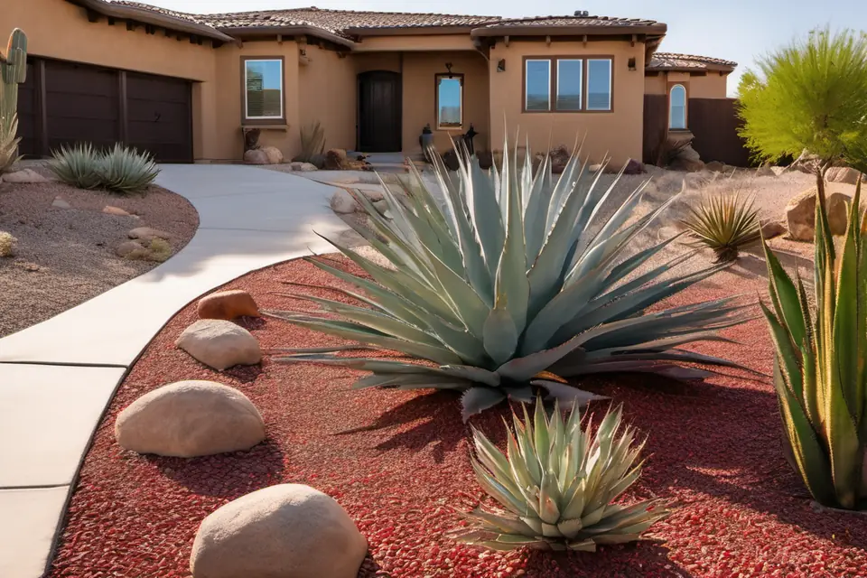 After: a xeriscape front yard with red gravel, agave and boulders