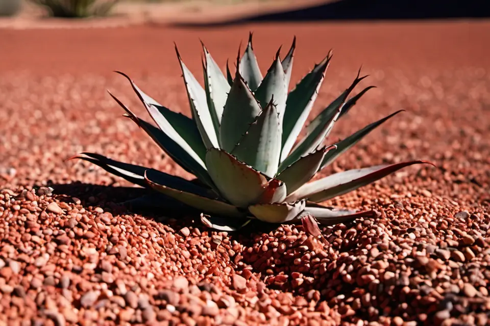 Drip irrigation emitter line running beside a small agave in red gravel