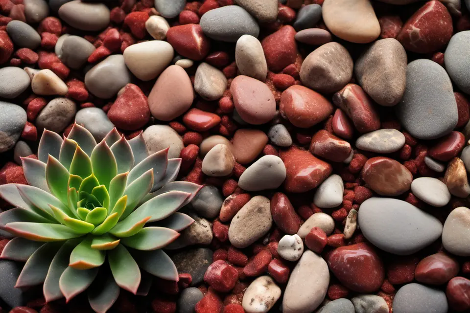 Close-up of red desert gravel and river rock with a small succulent