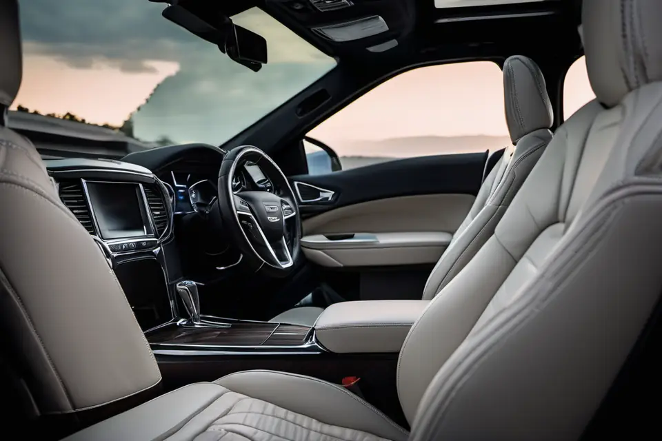 Spotless modern car interior with pale leather seats and dashboard at dusk