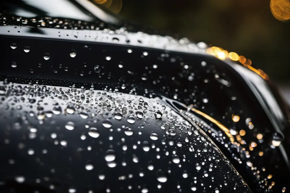 Macro of glossy black paint with water beads and sharp highlights