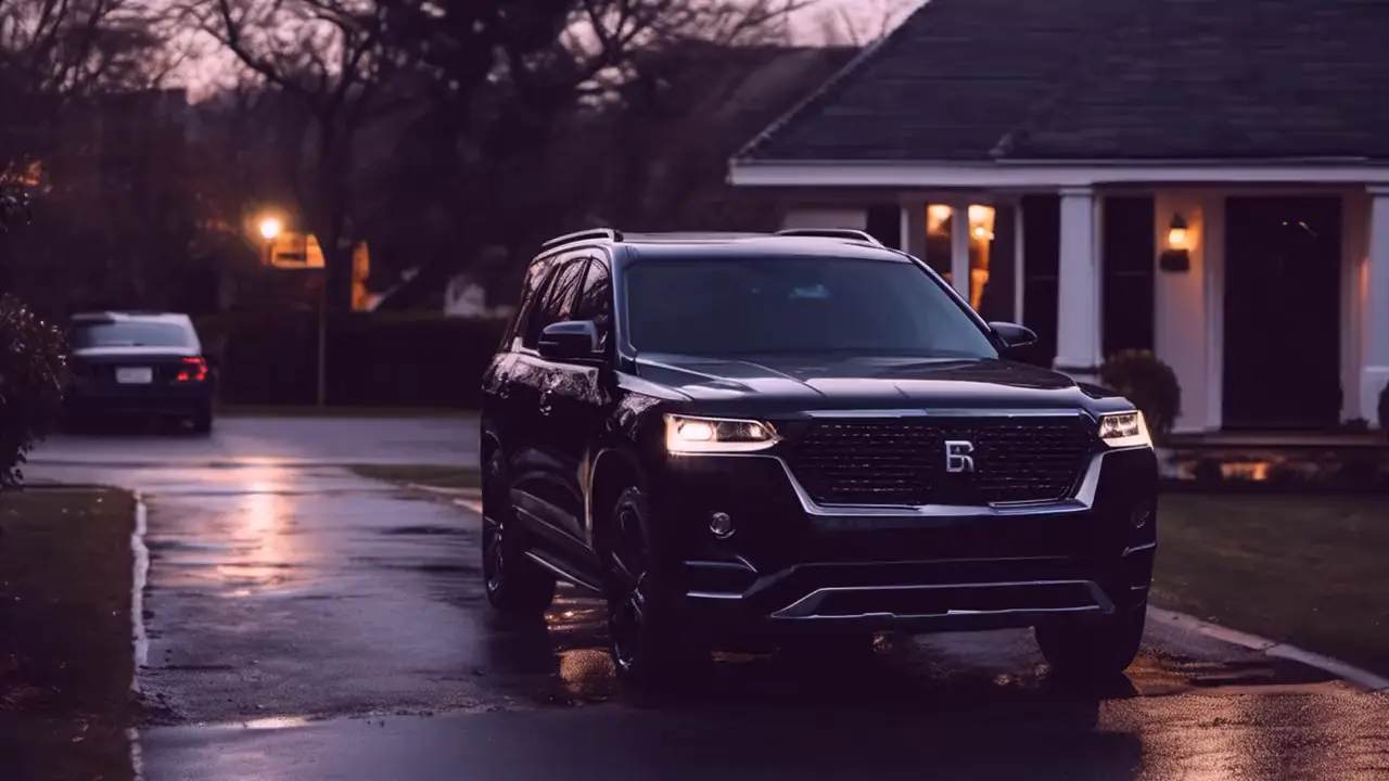 Black SUV with wet, glossy paint parked on a driveway at dusk