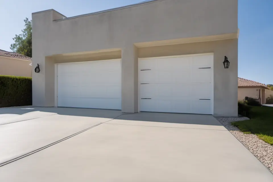 Driveway and garage after washing, clean pale concrete